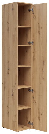 Mehrzweckschrank aus Holz mit geöffneter Tür, zeigt mehrere Regalböden, Perspektive von vorne.