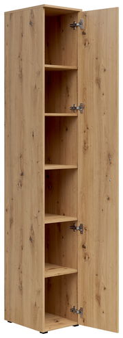 Mehrzweckschrank aus Holz mit geöffneter Tür, zeigt mehrere Regalböden, Perspektive von vorne.