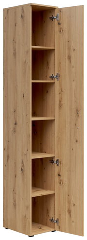 Mehrzweckschrank aus Holz mit geöffneter Tür, zeigt mehrere Regalböden, Perspektive von vorne.