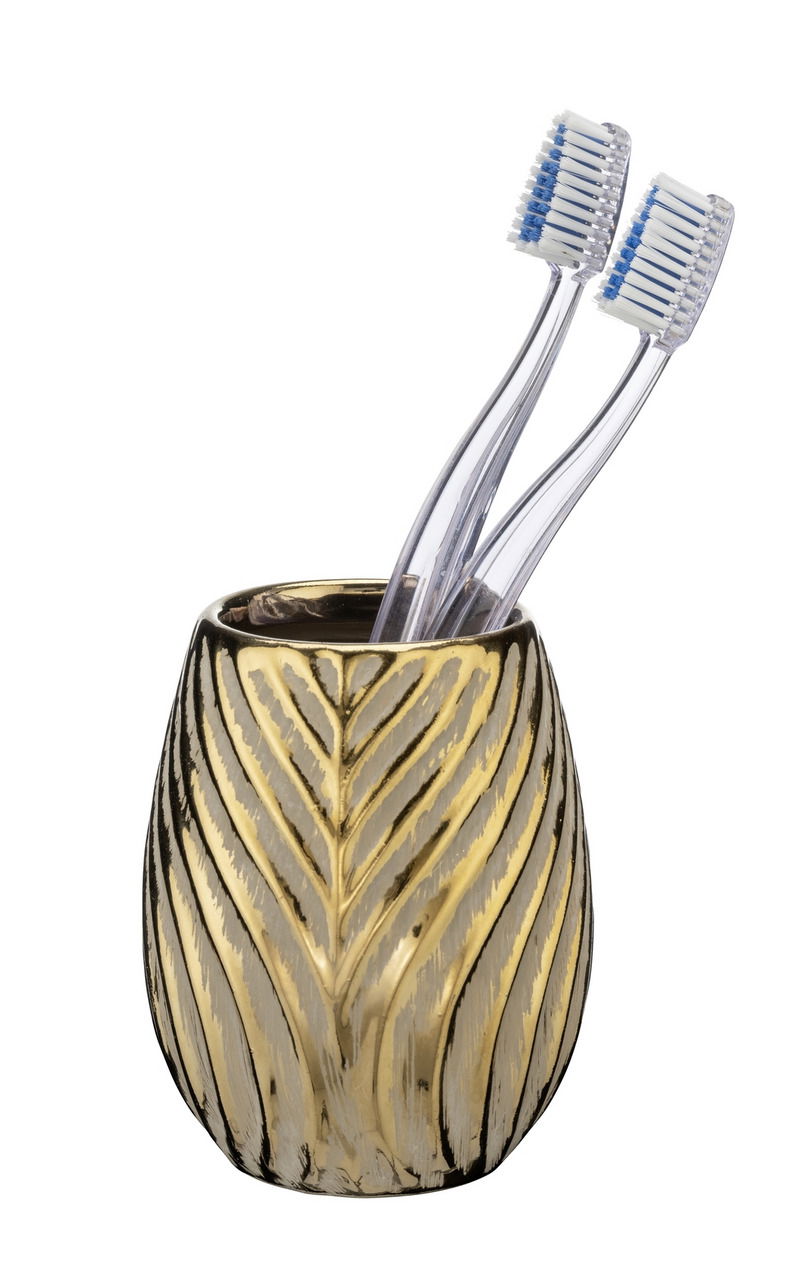 Wenko Zahnputzbecher IDRO Keramik Zahnputzbecher mit goldenen Blattmuster, frontal fotografiert, mit zwei Zahnbürsten darin.