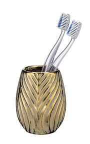 Keramik Zahnputzbecher mit goldenen Blattmuster, frontal fotografiert, mit zwei Zahnbürsten darin.