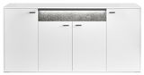 Weißes Sideboard mit vier Türen und dekorativem Einsatz, frontale Ansicht