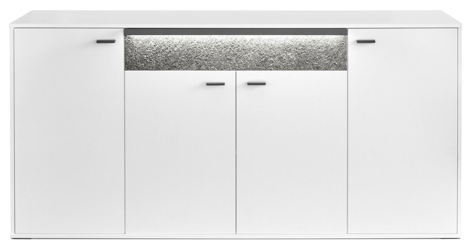 Weißes Sideboard mit vier Türen und dekorativem Einsatz, frontale Ansicht
