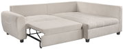 Beige hoekbank met uitschuifbaar bed, gezien vanaf links vooraan
