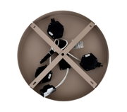 Onderzijde van een ronde beige plafondlamp, van achteren gezien, met kruisvormige montagebeugel, bekabeling en elektronische componenten.