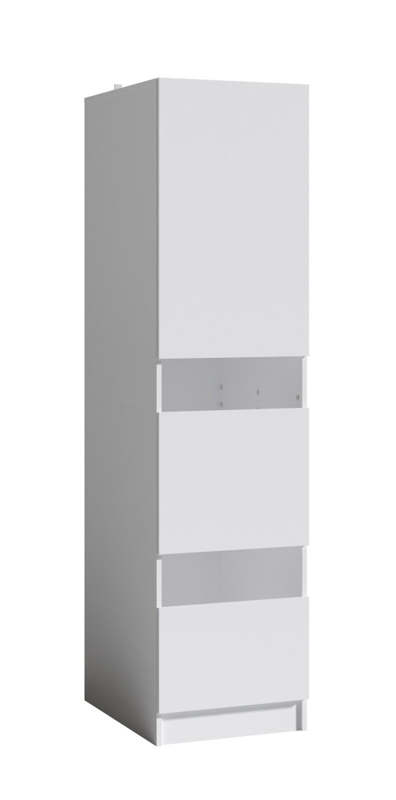 MID.YOU Wäscheschrank SMART Weißer, hoher Schrankkorpus mit drei Auszügen/Schubladen, freigestellt auf weißem Hintergrund, Ansicht schräg von vorn (3/4-Perspektive).