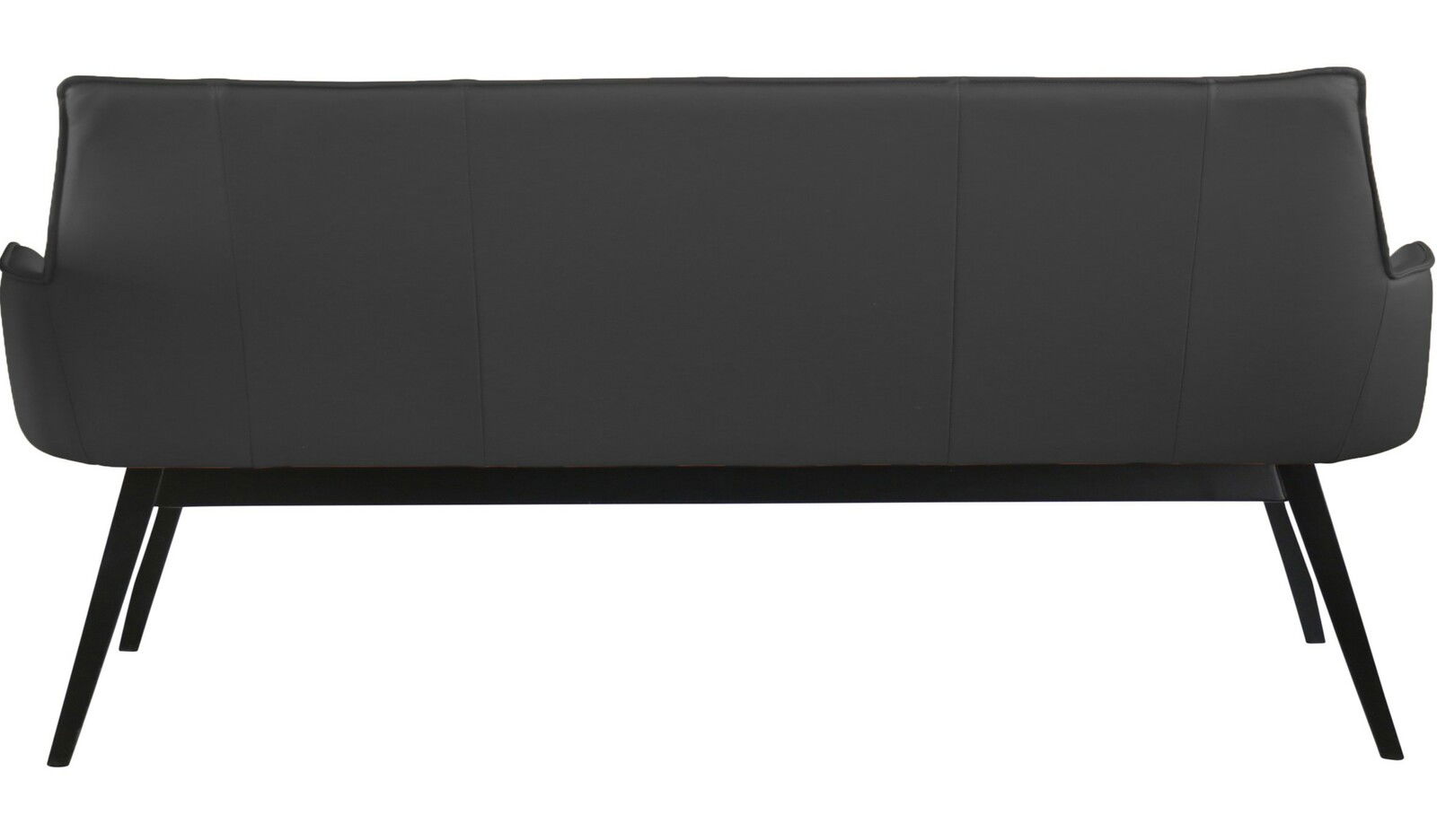 Rückansicht einer modernen schwarzen Bank mit schlanken Metallbeinen.
