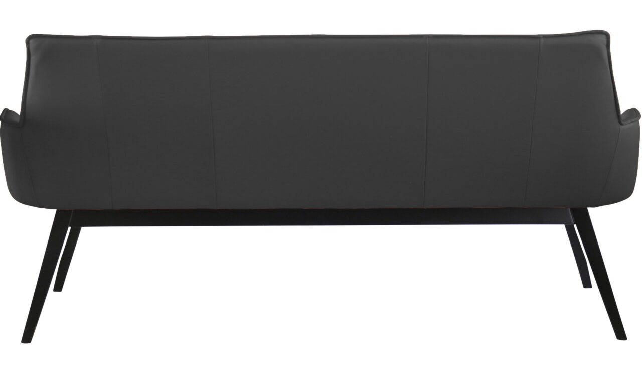 Rückansicht einer modernen schwarzen Bank mit schlanken Metallbeinen.