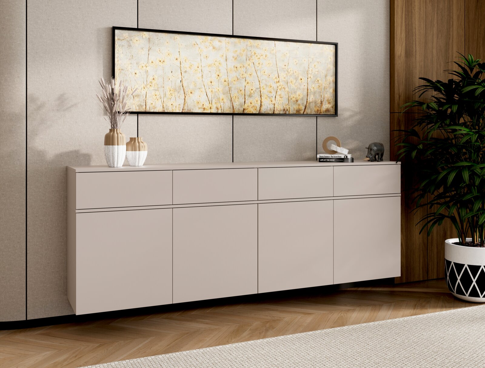XORA Sideboard SCALE Modernes, schwebendes Sideboard in Greige/Taupe mit grifflosen Fronten vor Wandpaneelen, darüber ein breites Wandbild; Perspektive: Frontansicht leicht schräg von links.