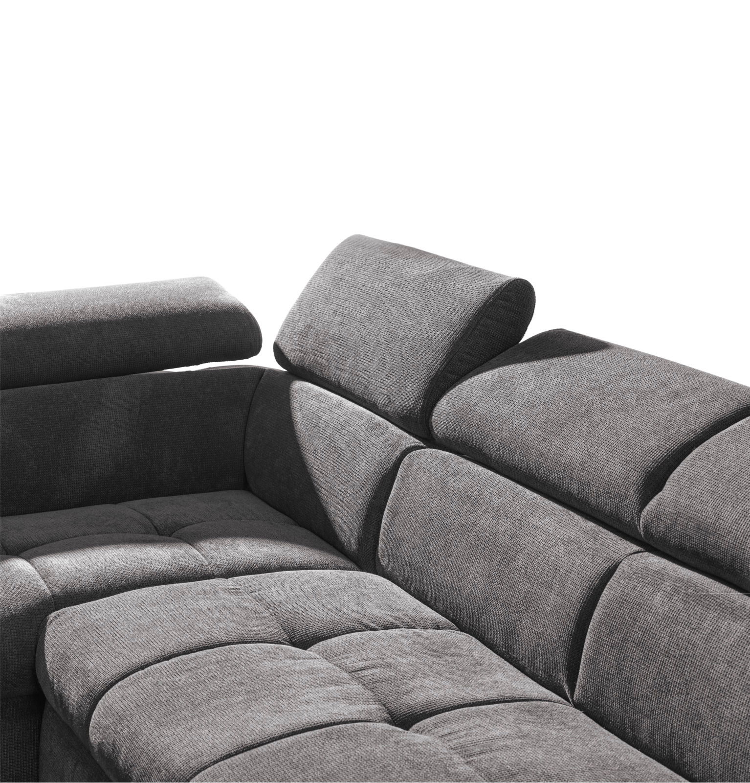 Graue Eckgarnitur mit verstellbaren Kopfstützen, Nahaufnahme von der Seite