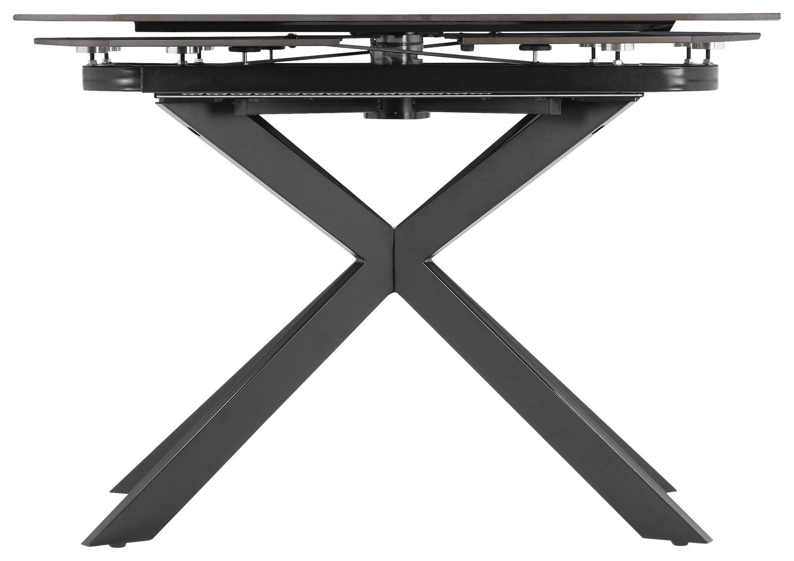 Moderner Esstisch mit X-förmigem Metallgestell, seitliche Perspektive