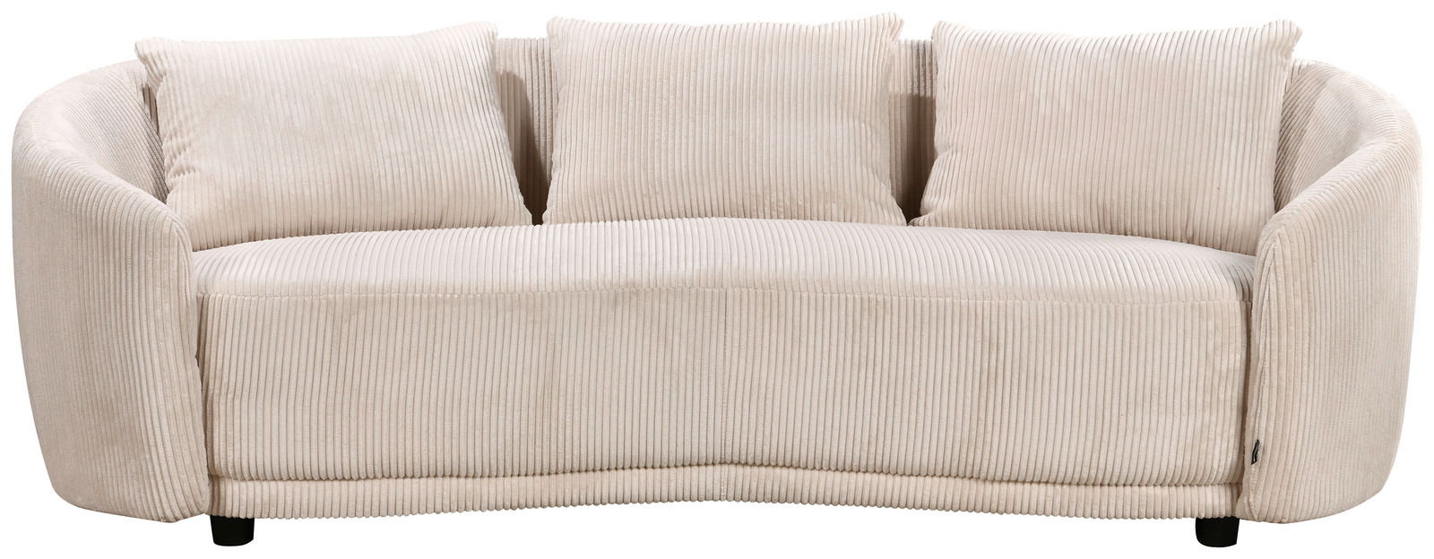 Beiges 3-Sitzer Sofa mit gerundeten Armlehnen und drei passenden Kissen, Vorderansicht