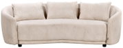 Beiges 3-Sitzer Sofa mit gerundeten Armlehnen und drei passenden Kissen, Vorderansicht