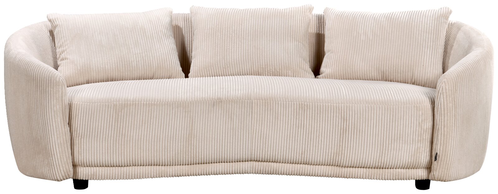Beiges 3-Sitzer Sofa mit gerundeten Armlehnen und drei passenden Kissen, Vorderansicht