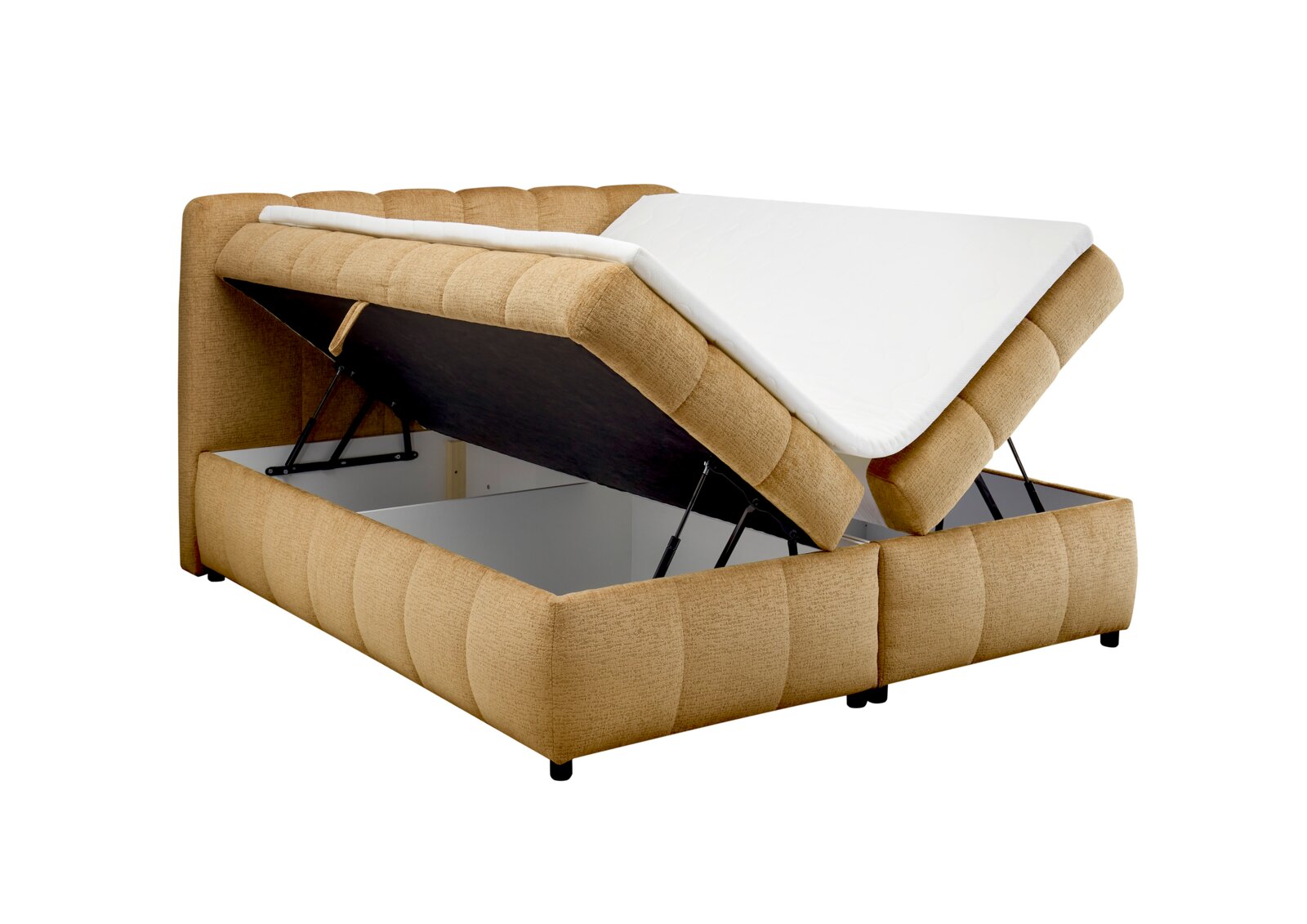 Boxbett mit hochgeklappter Matratze und Stauraum, seitliche Perspektive