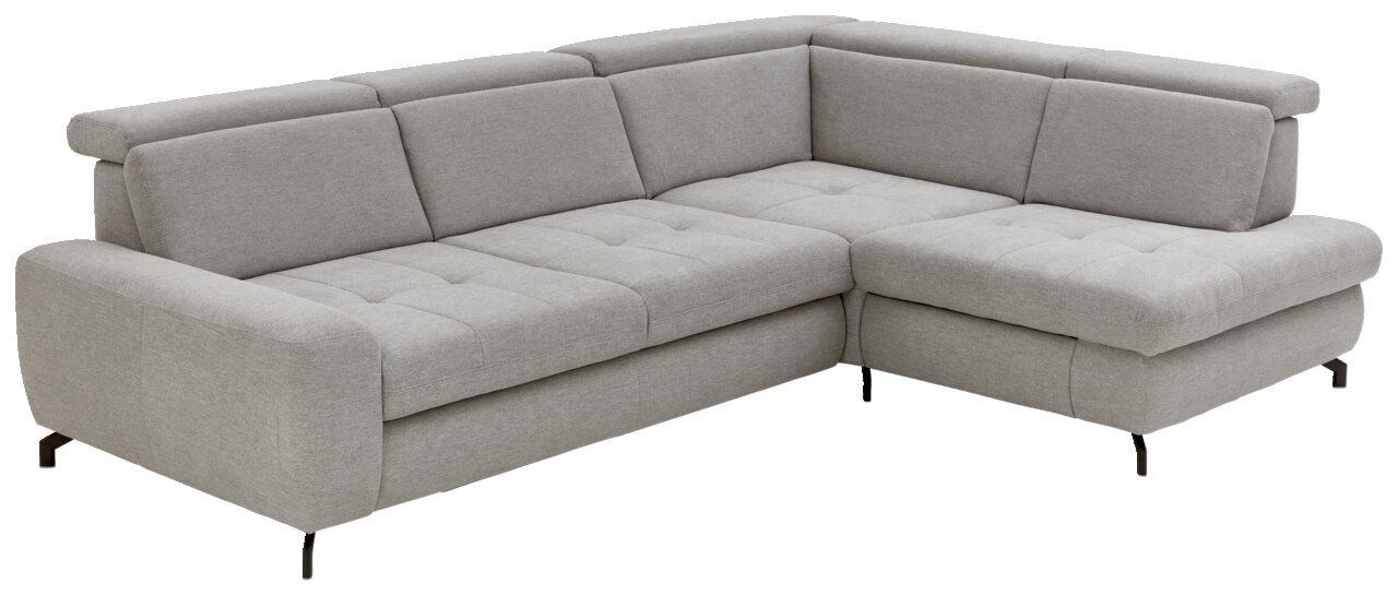 Beldomo Style Ecksofa KARLSRUHE Graue Eckgarnitur mit modernem Design, Ansicht von schräg vorne.