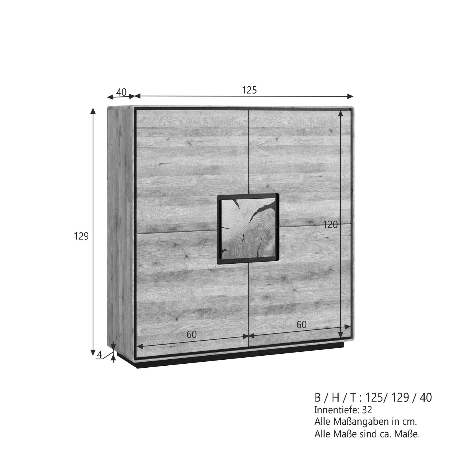 Frontansicht eines zweitürigen Holzschranks in heller Eichenoptik mit schwarzem Sockel und quadratischem Griffdetail; Maßgrafik zeigt ca. B/H/T 125/129/40 cm (Innentiefe 32 cm).