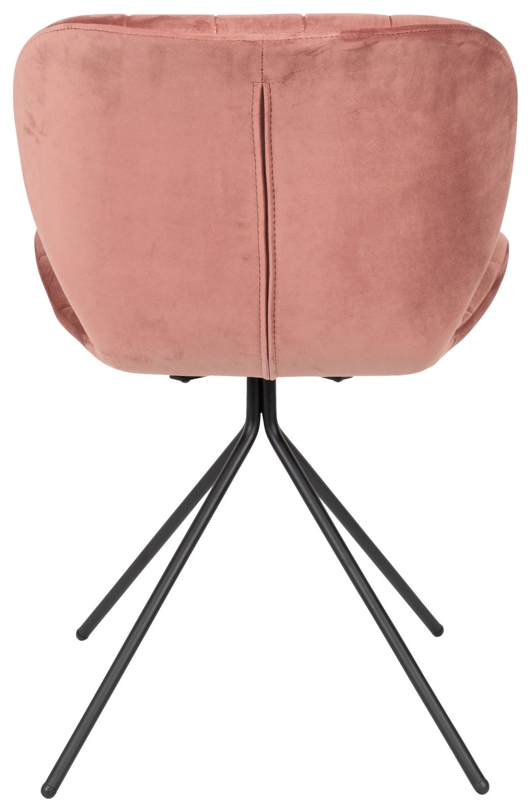 Rückansicht eines rosa Stuhls mit schwarzem Metallgestell