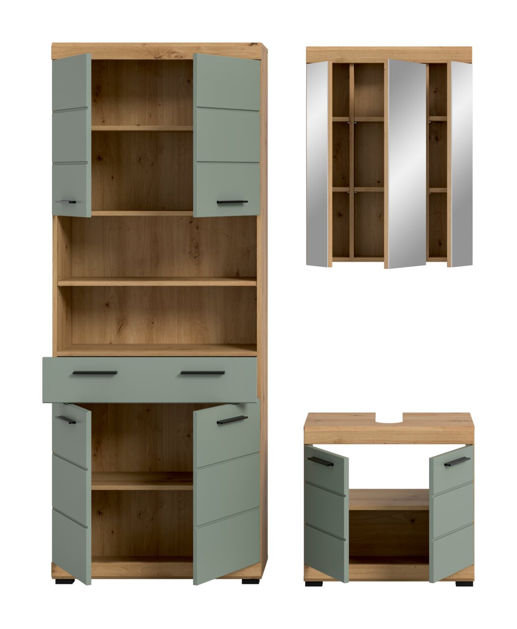 Badezimmermöbel-Set in Eicheoptik mit salbeigrünen Fronten und schwarzen Griffen, bestehend aus Hochschrank mit offenen Fächern, Schublade und Türen sowie Spiegelschrank und Waschtischunterschrank, frontal in leicht schräger Perspektive mit geöffneten Tür