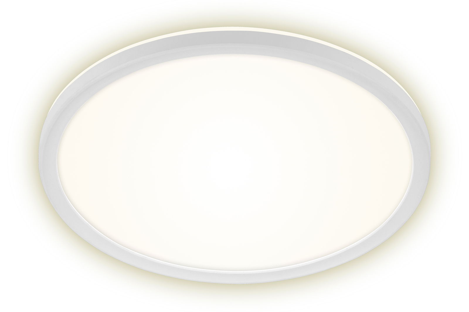 Runde LED-Deckenleuchte Briloner SLIM in Weiß, von unten betrachtet, mit gleichmäßiger Lichtverteilung.