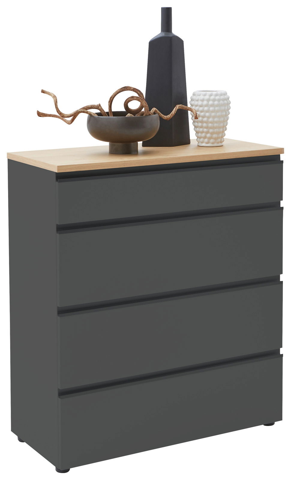 Schubkastenkommode in dunklem Grau mit vier Schubladen, Holzoberfläche und dekorativen Vasen, seitliche Perspektive