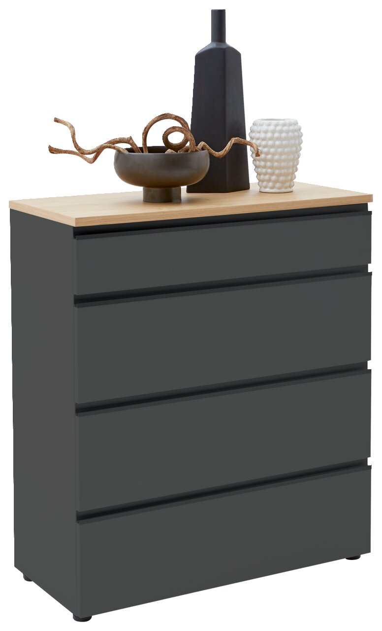 Dieter Knoll Schubkastenkommode LENDINA Schubkastenkommode in dunklem Grau mit vier Schubladen, Holzoberfläche und dekorativen Vasen, seitliche Perspektive