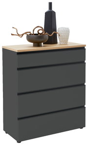 Schubkastenkommode in dunklem Grau mit vier Schubladen, Holzoberfläche und dekorativen Vasen, seitliche Perspektive