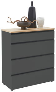 Schubkastenkommode in dunklem Grau mit vier Schubladen, Holzoberfläche und dekorativen Vasen, seitliche Perspektive