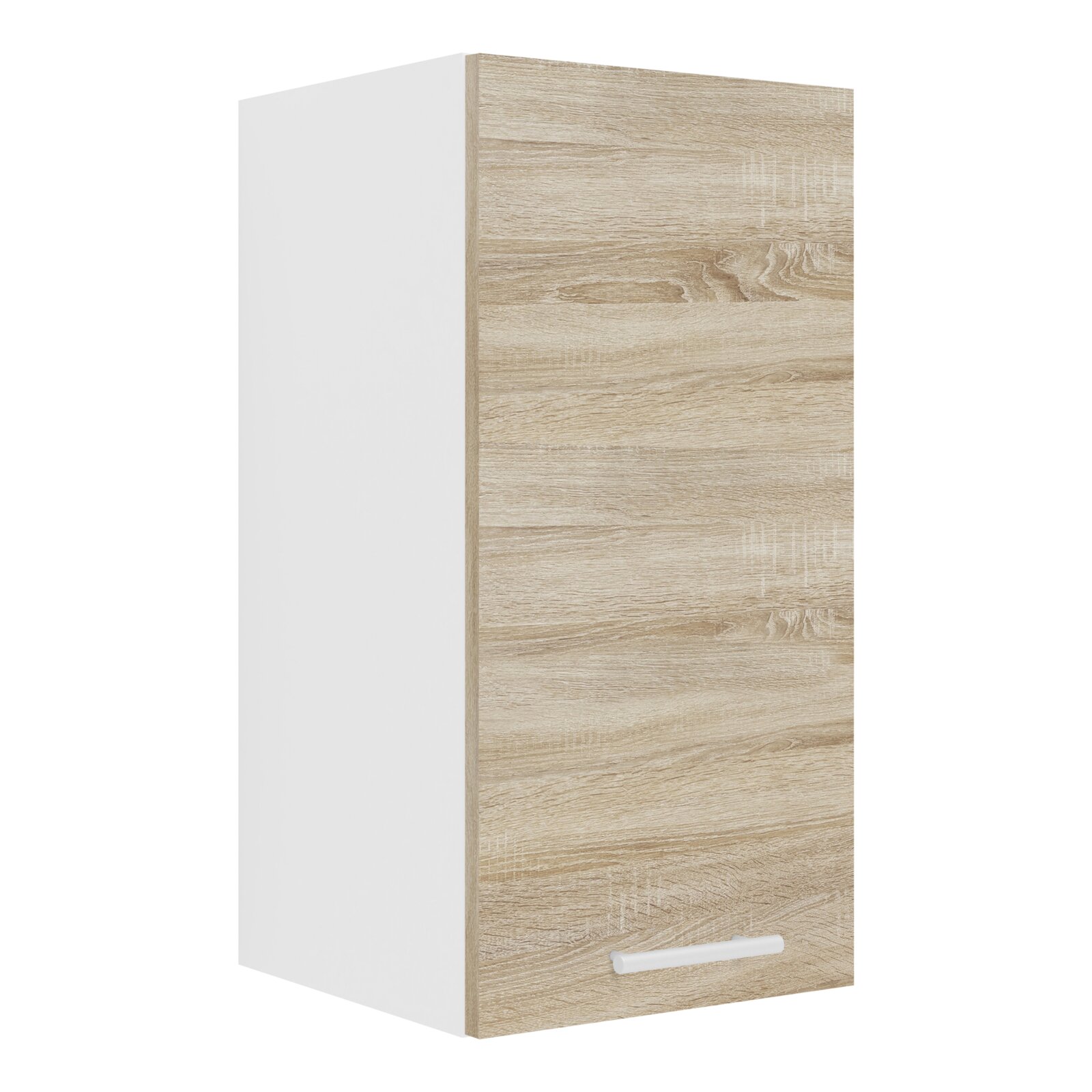 Hängeschrank/Küchenoberschrank mit weißem Korpus und Holzoptik-Front in Eiche, mit weißem Griff, freigestellt; Perspektive: leicht schräg von vorne (Front- und linke Seitenansicht)