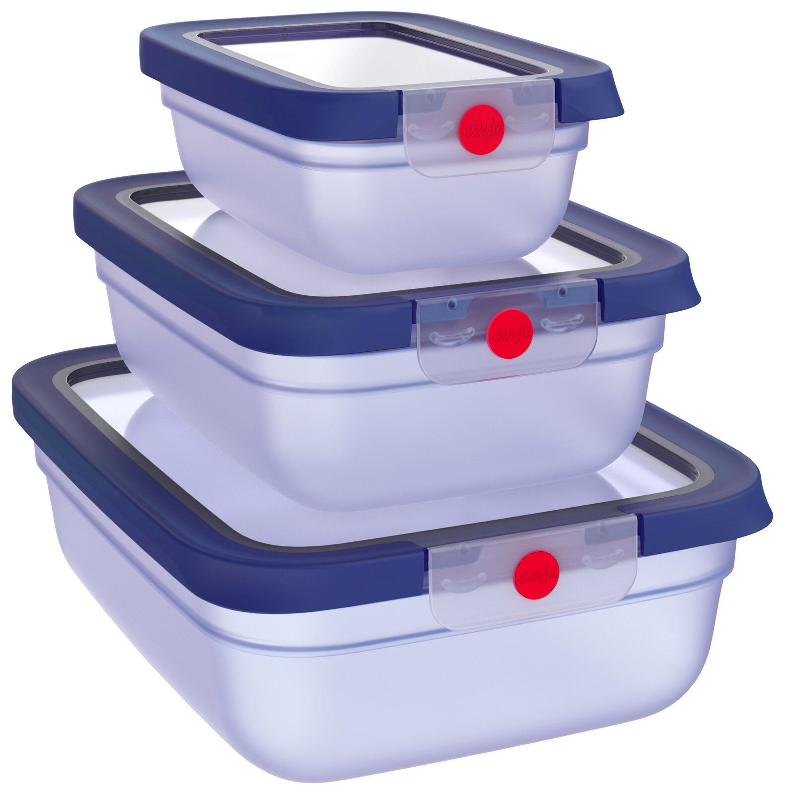 Emsa Frischhaltedosen-Set 3-tlg. ONE CLICK Dreiteiliges Frischhaltedosen-Set in verschiedenen Größen, gestapelt, mit blauen Deckeln und rotem Verschluss, seitliche Perspektive