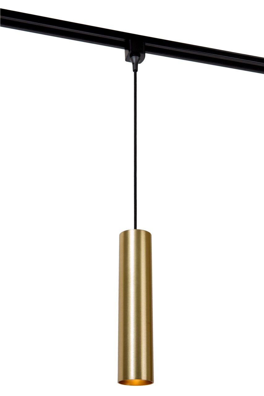 Lucide Pendelleuchte FLORIS TRACK Pendelleuchte FLORIS in mattgold, zylindrische Form, von der Seite betrachtet, an schwarzem Kabel hängend.