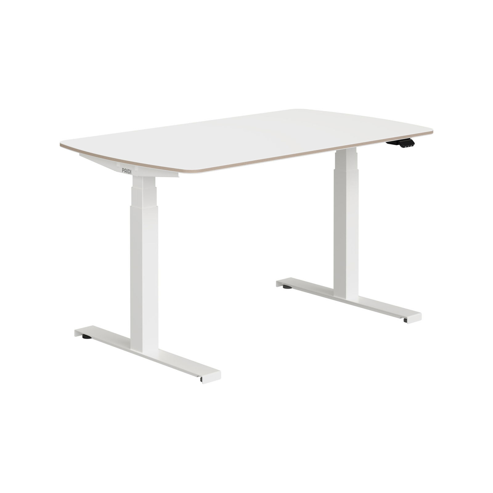 Moderner weißer Schreibtisch mit höhenverstellbaren Beinen, seitliche Perspektive