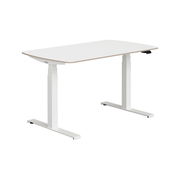 Moderner weißer Schreibtisch mit höhenverstellbaren Beinen, seitliche Perspektive