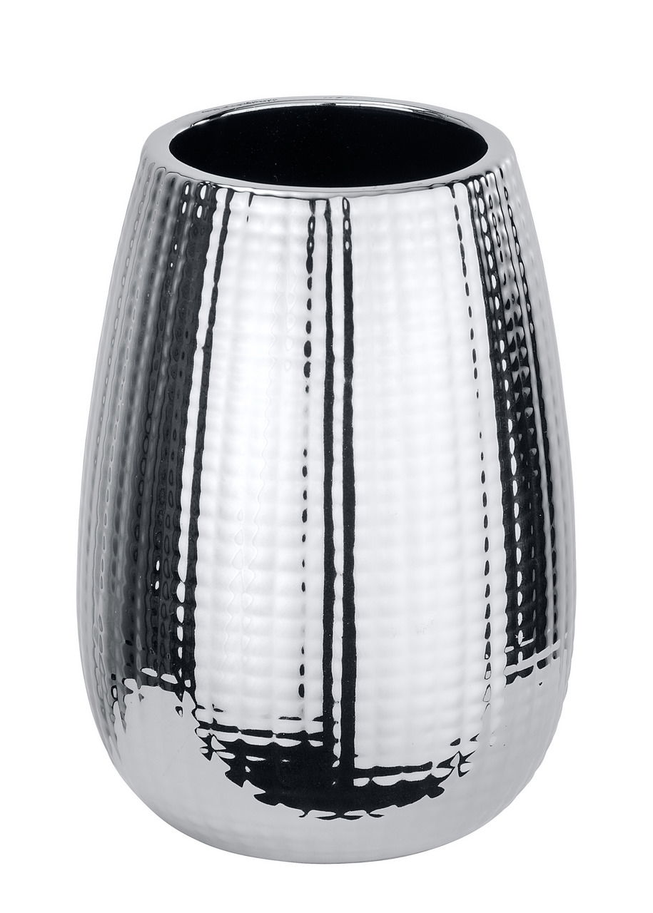 Wenko Keramik Zahnputzbecher Dakar Keramik Zahnputzbecher Dakar in glänzendem Silber mit strukturierter Oberfläche, seitliche Perspektive