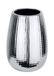 Keramik Zahnputzbecher Dakar in glänzendem Silber mit strukturierter Oberfläche, seitliche Perspektive