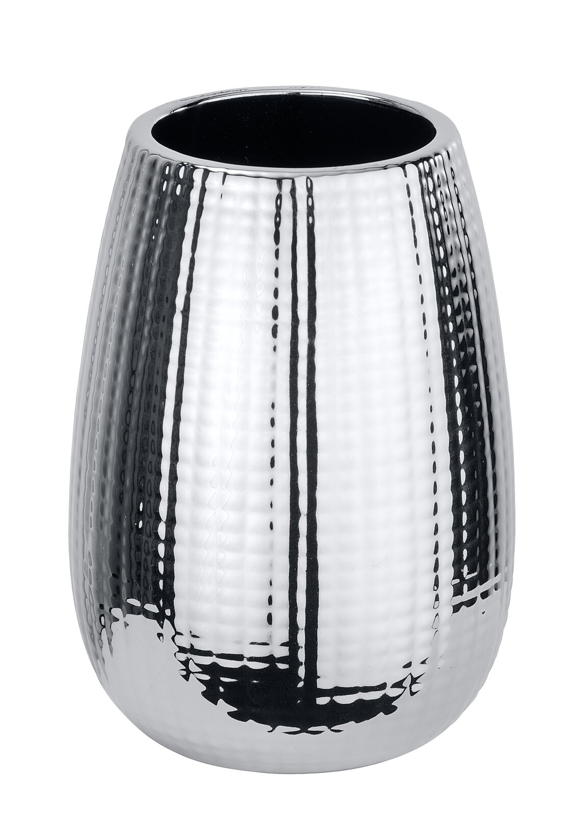 Keramik Zahnputzbecher Dakar in glänzendem Silber mit strukturierter Oberfläche, seitliche Perspektive