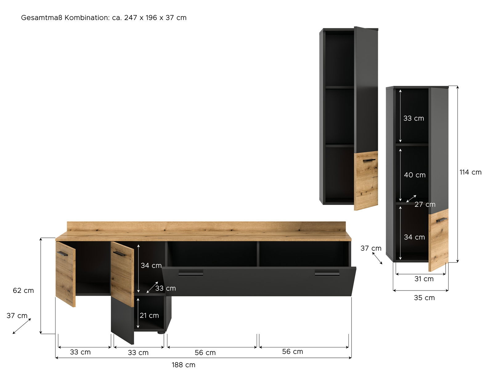 Wohnwand GOAL von MID.YOU mit Holz- und Schwarzelementen, inklusive Beleuchtung, Gesamtmaß ca. 247 x 196 x 37 cm, Frontalansicht.