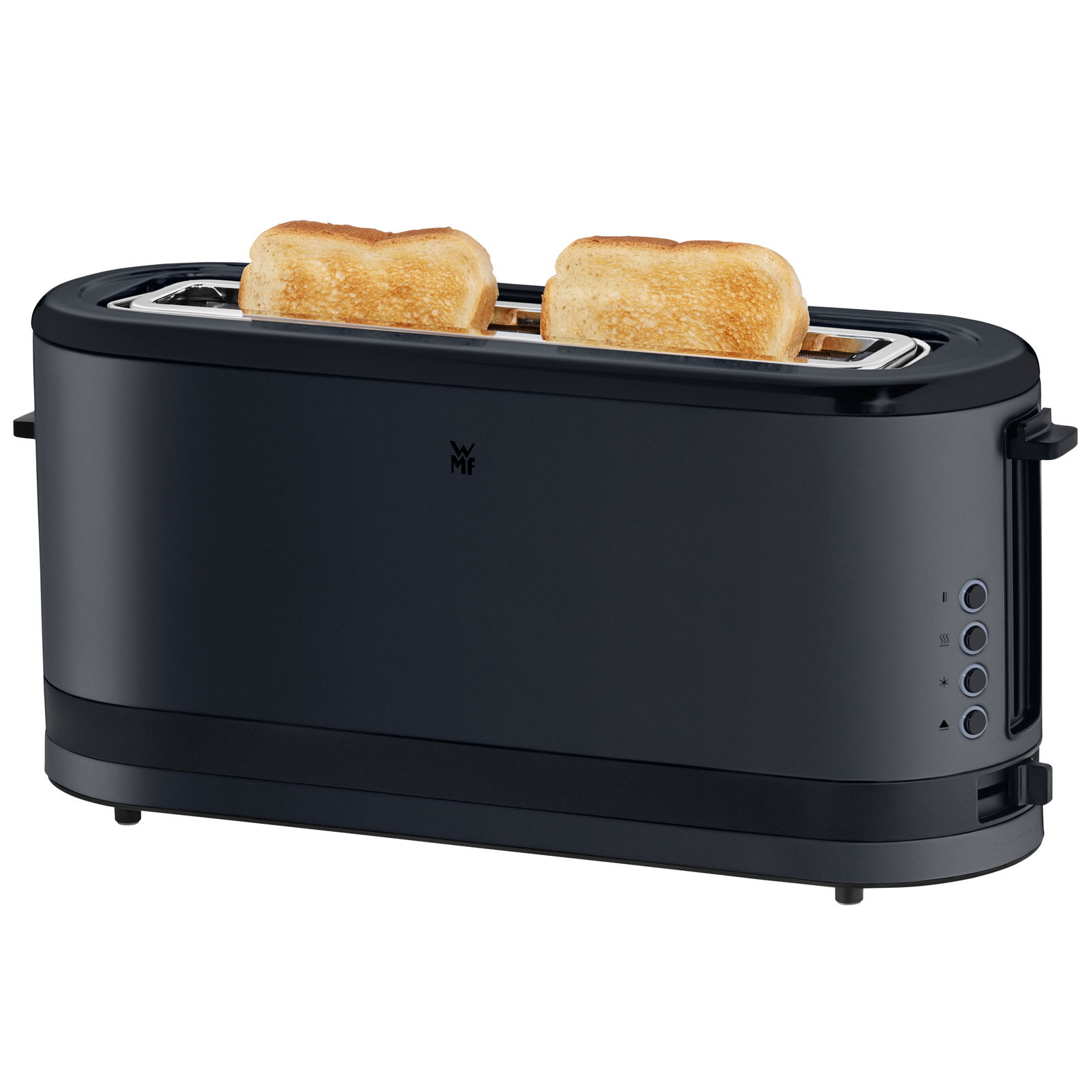 Schwarzer Langschlitztoaster mit zwei goldbraunen Toastscheiben, seitliche Perspektive