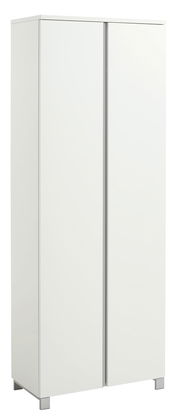 Weißer Garderobenschrank mit zwei Türen, frontal leicht von der Seite betrachtet.