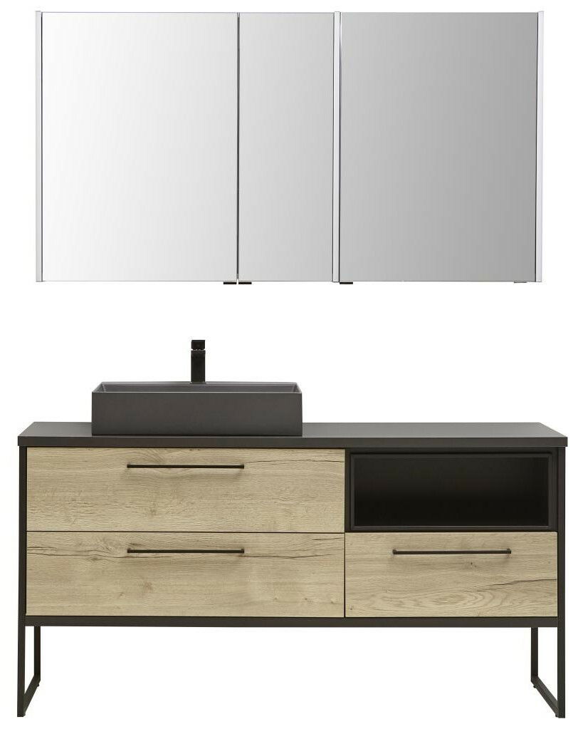 Moderne Badkombination mit Spiegelschrank und Waschtisch in Holzoptik, Frontalansicht