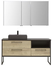 Moderne Badkombination mit Spiegelschrank und Waschtisch in Holzoptik, Frontalansicht