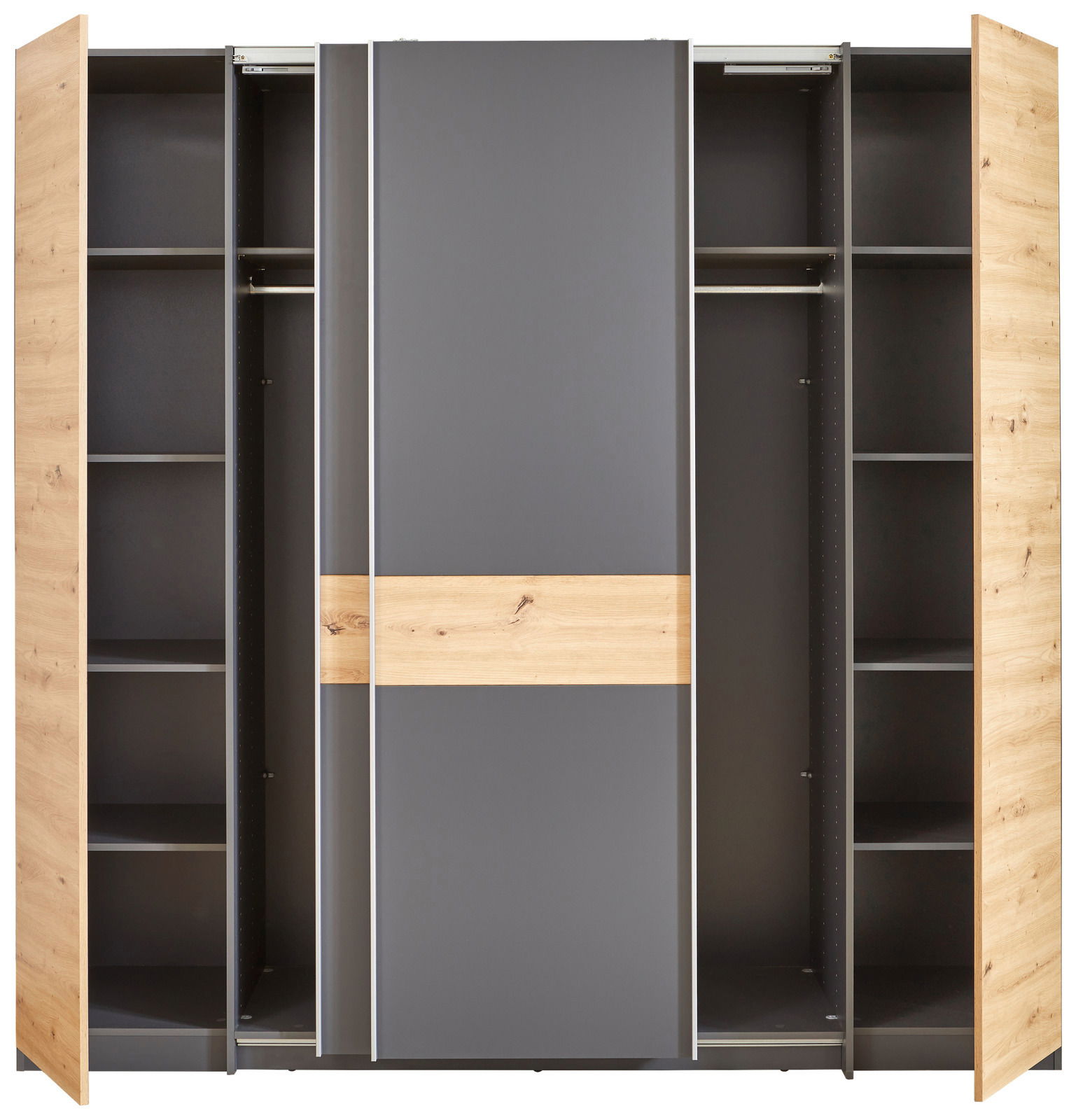 Moderner Dreh- und Schwebetürenschrank mit vier Türen, in Holzoptik und grauen Elementen, frontal abgebildet.