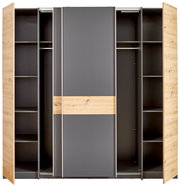 Moderner Dreh- und Schwebetürenschrank mit vier Türen, in Holzoptik und grauen Elementen, frontal abgebildet.