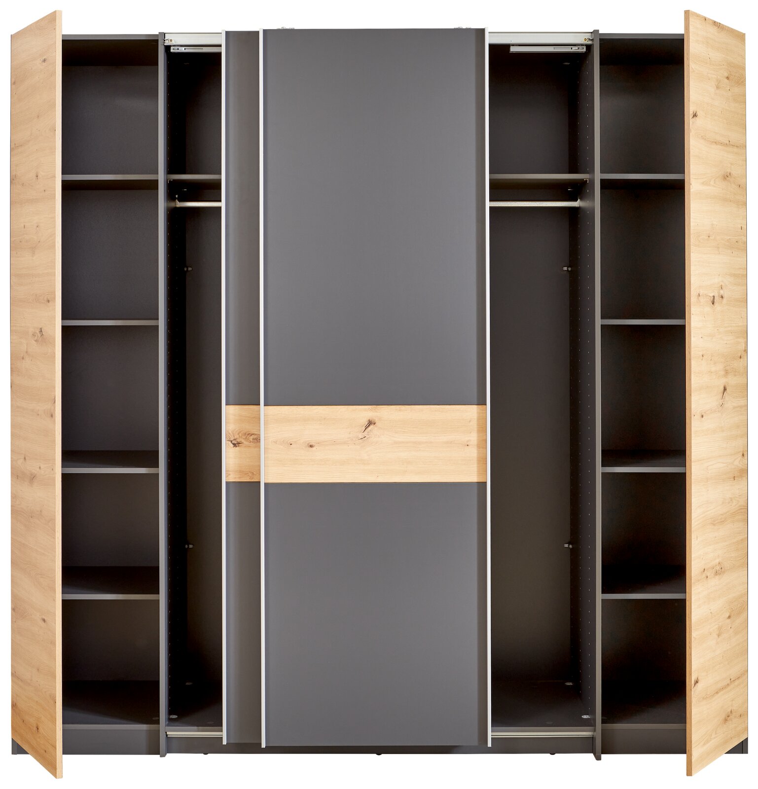 Moderner Dreh- und Schwebetürenschrank mit vier Türen, in Holzoptik und grauen Elementen, frontal abgebildet.