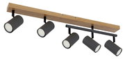 Deckenstrahler mit vier zylinderförmigen, schwarzen Leuchten an einer Holzleiste, seitliche Perspektive