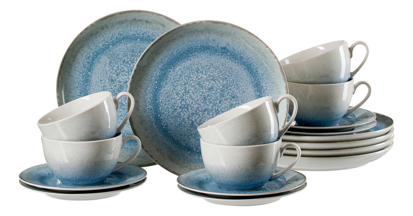 Ritzenhoff & Breker Kaffeeset 18-tlg. OSLO Keramik-Geschirrset in Blau-Grau mit zwei großen Tellern, vier Tassen, vier Untertassen und vier kleinen Tellern, schräg von vorn fotografiert