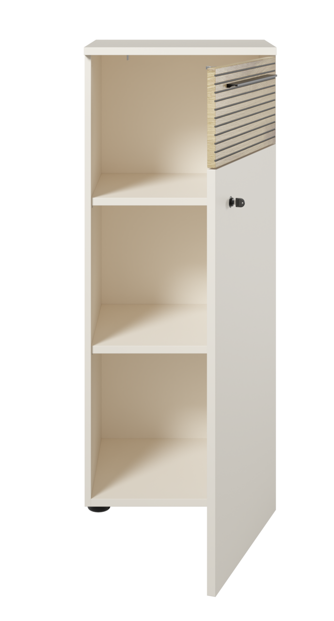 Aktenschrank mit drei offenen Fächern und einer verschließbaren Tür mit Schloss, seitliche Perspektive