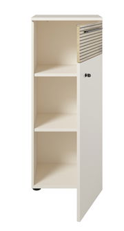 Aktenschrank mit drei offenen Fächern und einer verschließbaren Tür mit Schloss, seitliche Perspektive