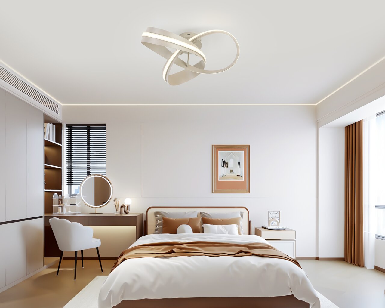 Novel LED-plafondlamp DECKENLEUCHTE Moderne led-plafondlamp in een stijlvolle slaapkamer, van onderaf gezien.