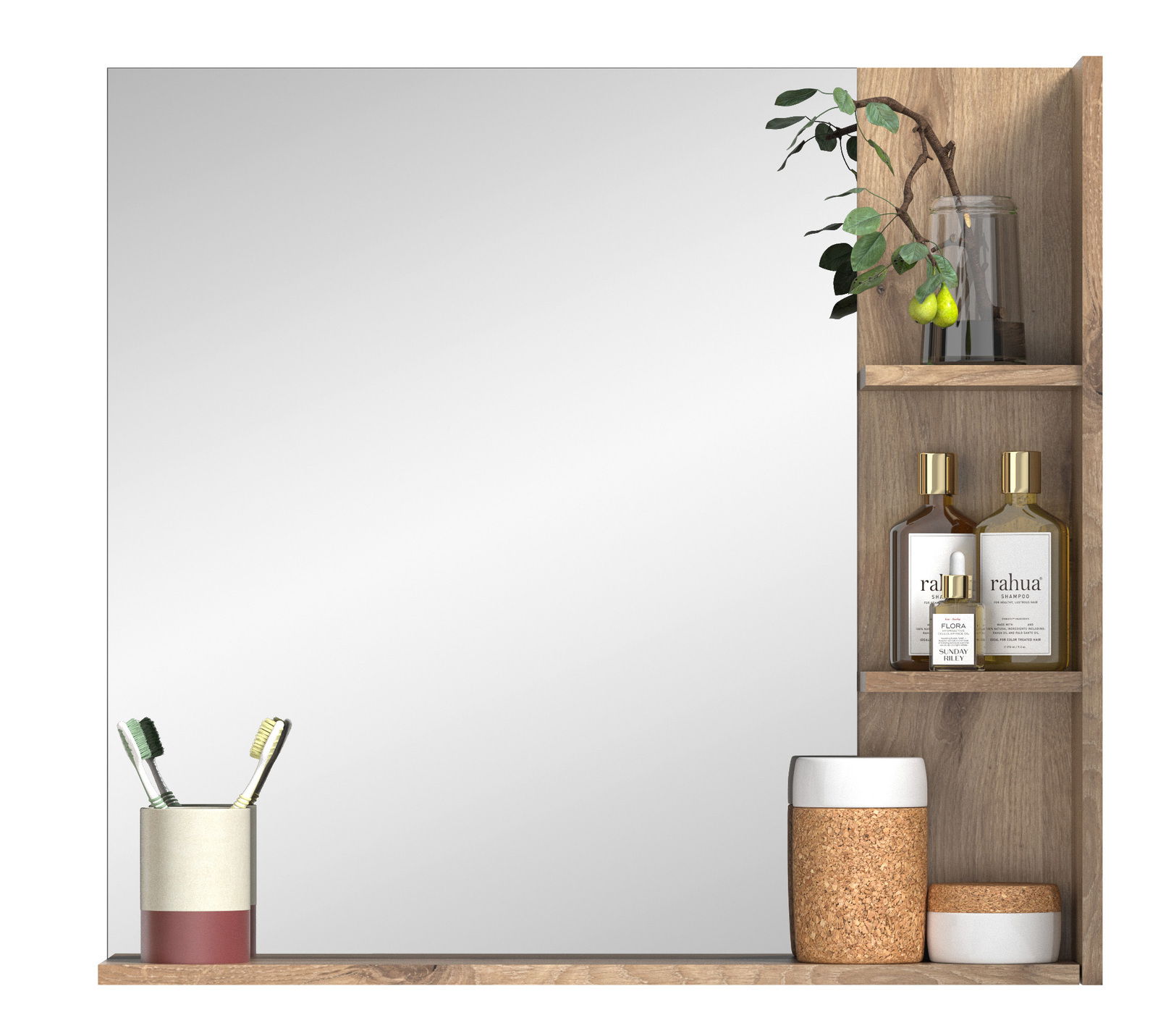 Moderner Wandspiegel mit Holzrahmen und integrierten Regalen, gefüllt mit Zahnbürsten, Flaschen und Dekorationen, aus frontaler Perspektive.